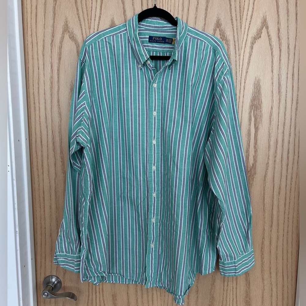 Polo by Ralph Lauren Green Striped Button-Down Shirt with White & Navy Accents